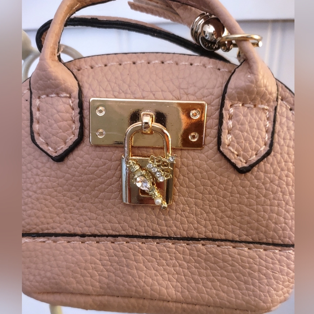 Mini Bag Tea Rose & Rose Gold Crown & Scepter Charm Crystal Bling Keychain